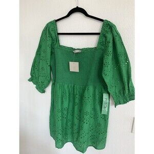 J Gee Cottagecore Kelly Green Eyelet Smocked Romantic Womens Blouse Size PXL NWT